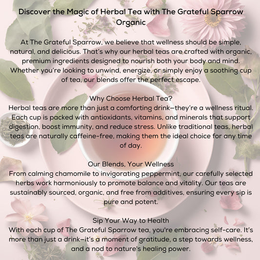 the grateful sparrow herbal tea and pink tea cups
